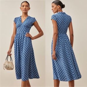 NWT Reformation Alisa Midi Dress in Lazuli Midi V-neck Cap Sleeve Fitted Size 6